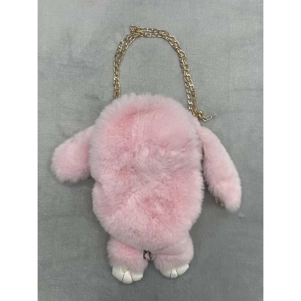 Pink Plush Bunny Rabbit Bag Purse with Gold Chain – Faux Fur – 13